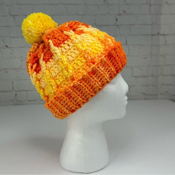 Handmade Unisex New Yellow Orange Winter Striped Pom-Pom Knit Beanie - Adult S/M - Picture 1 of 9